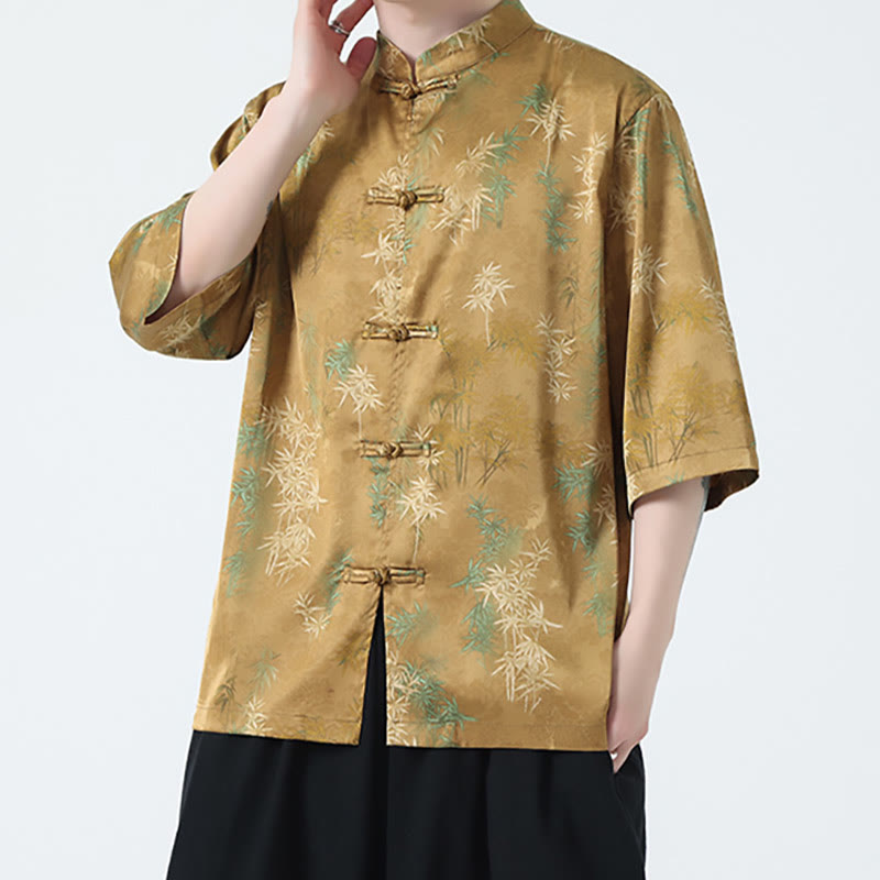 Buddha Stones Bamboo Leaves Pattern Chinese Half Sleeve Shirt Men T-shirt