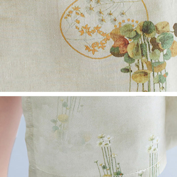 Buddha Stones Flowers Green Yellow Leaves Print Cheongsam Midi Dress Three Quarter Sleeve Dress With Pockets - image 9