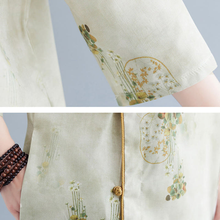 Buddha Stones Flowers Green Yellow Leaves Print Cheongsam Midi Dress Three Quarter Sleeve Dress With Pockets - image 10