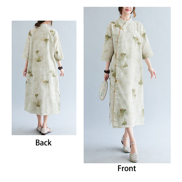 Buddha Stones Flowers Green Yellow Leaves Print Cheongsam Midi Dress Three Quarter Sleeve Dress With Pockets - image 7
