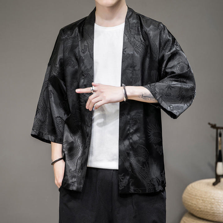 Buddha Stones Chinese Dragon Open Front Jacket Men's Kimono - image 10