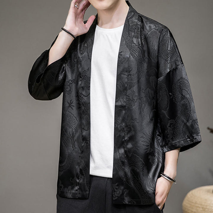 Buddha Stones Chinese Dragon Open Front Jacket Men's Kimono - image 9