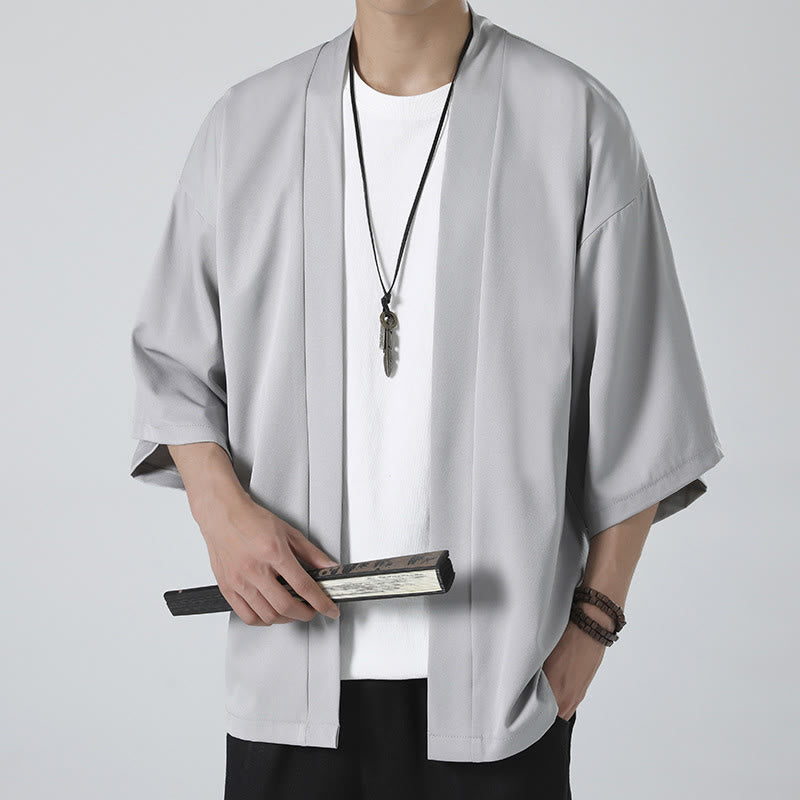 Buddha Stones Solid Color Open Front Jacket Men's Kimono