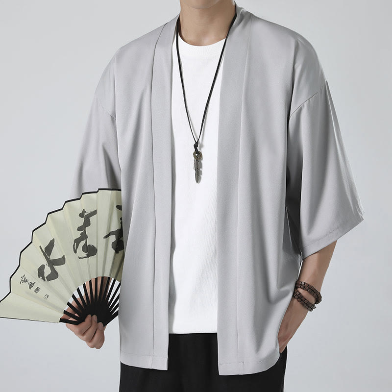 Buddha Stones Solid Color Open Front Jacket Men's Kimono