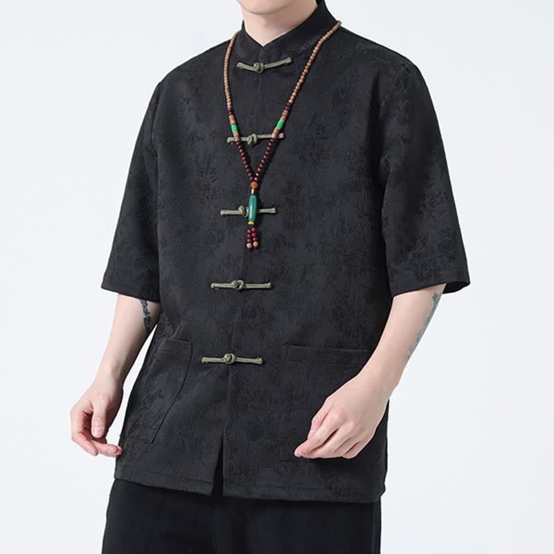 Buddha Stones Solid Color Jacquard Frog-button Chinese Half Sleeve Shirt Men T-shirt