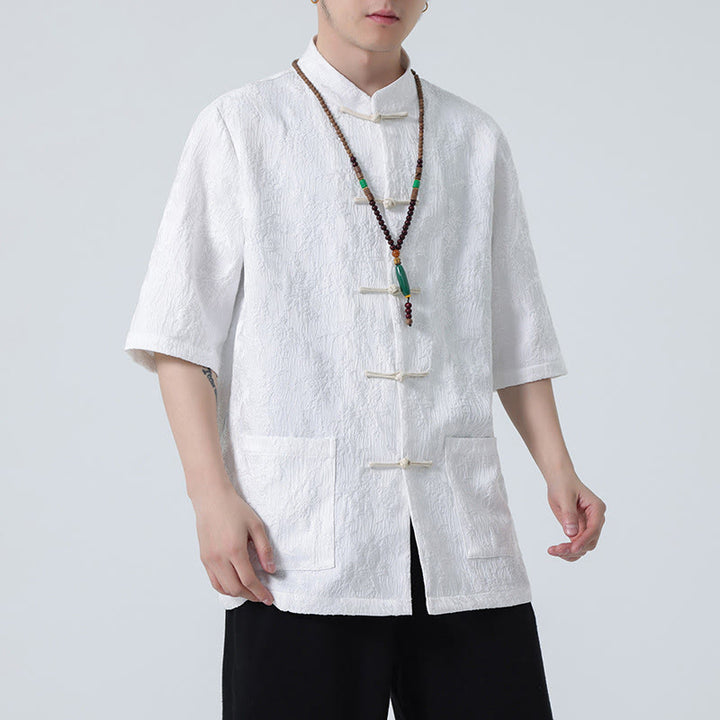 Buddha Stones Solid Color Jacquard Frog-button Chinese Half Sleeve Shirt Men T-shirt