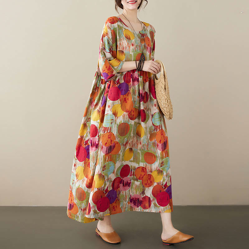 Buddha Stones Orange Green Colorful Polka Dots Midi Dress Cotton Half Sleeve Tunic Dress With Pockets - Orange(Dress Only) - F(Bust 142cm/Hem 130cm/Length 120cm) - image 0