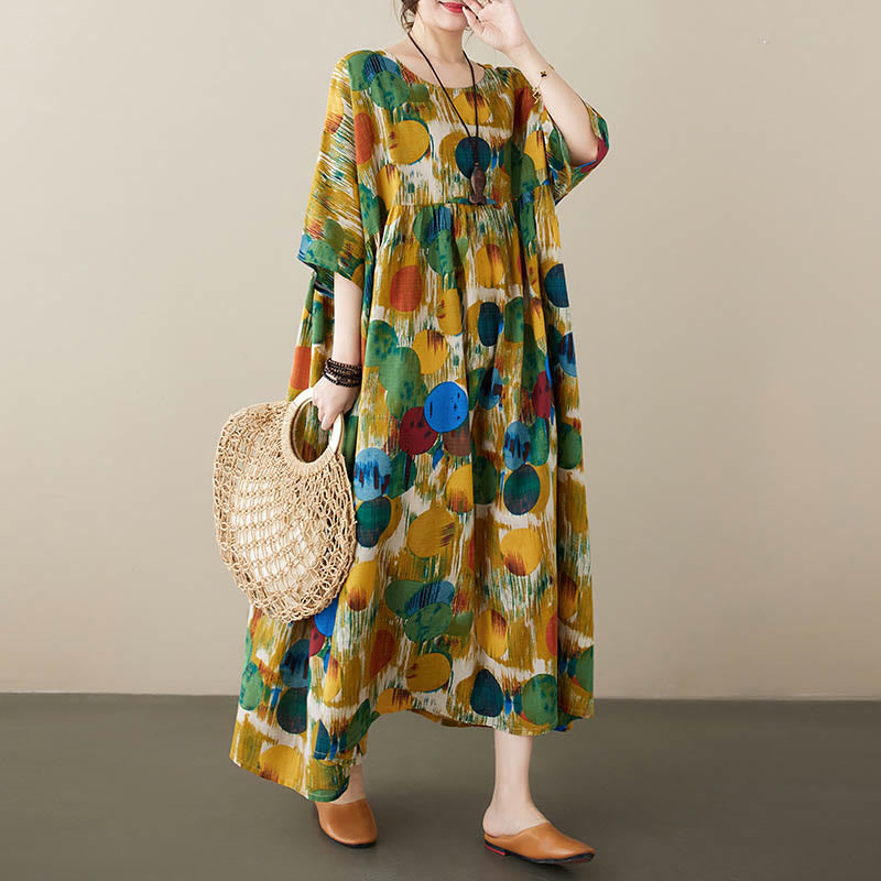 Buddha Stones Orange Green Colorful Polka Dots Midi Dress Cotton Half Sleeve Tunic Dress With Pockets - image 10