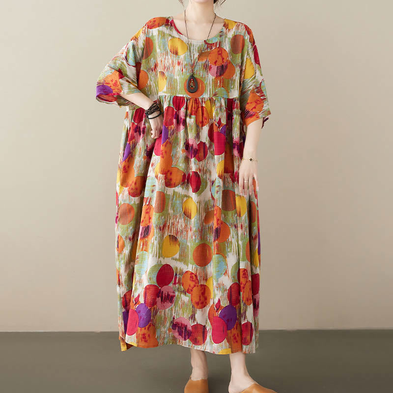 Buddha Stones Orange Green Colorful Polka Dots Midi Dress Cotton Half Sleeve Tunic Dress With Pockets - image 2