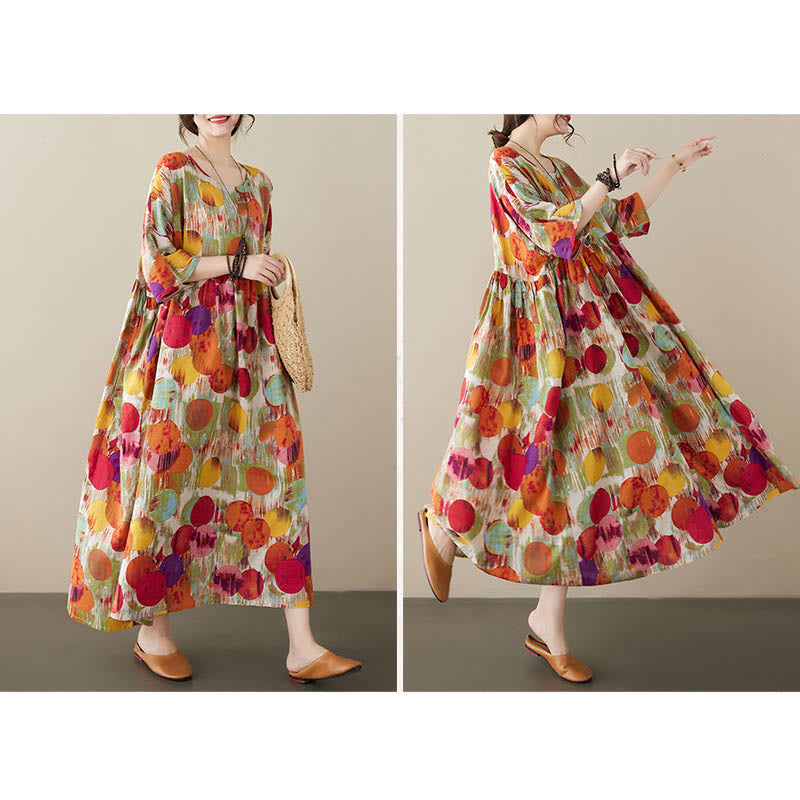 Buddha Stones Orange Green Colorful Polka Dots Midi Dress Cotton Half Sleeve Tunic Dress With Pockets - image 9