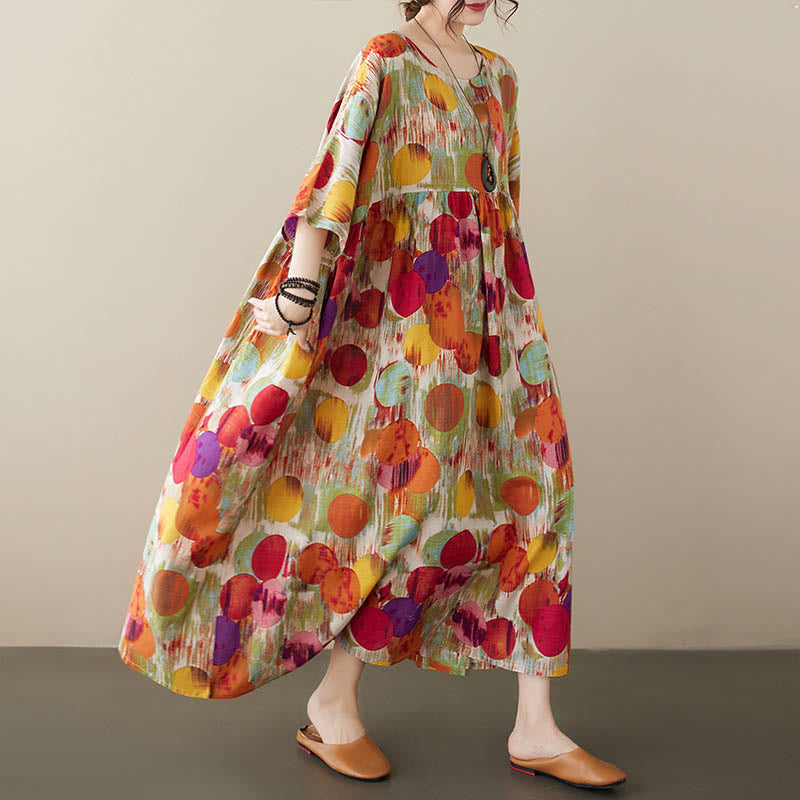 Buddha Stones Orange Green Colorful Polka Dots Midi Dress Cotton Half Sleeve Tunic Dress With Pockets - image 6