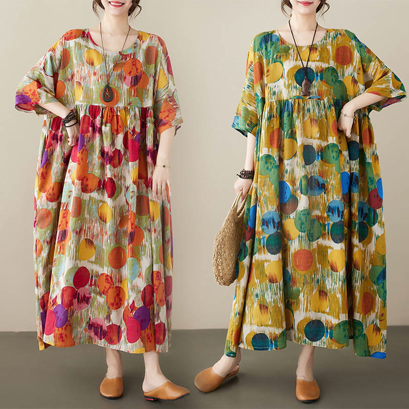 Buddha Stones Orange Green Colorful Polka Dots Midi Dress Cotton Half Sleeve Tunic Dress With Pockets - image 1