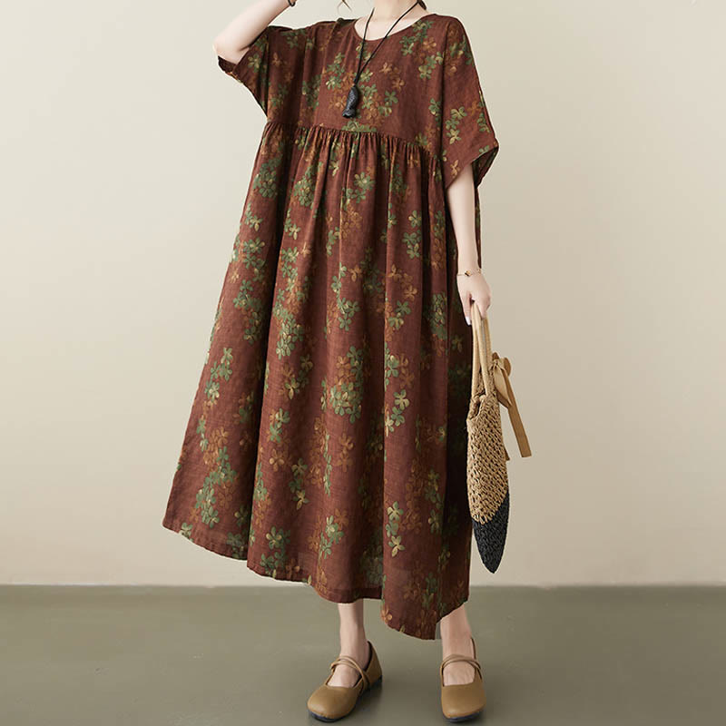 Buddha Stones Blue Brown Flowers Midi Dress Cotton Half Sleeve Tunic Dress With Pockets - image 13