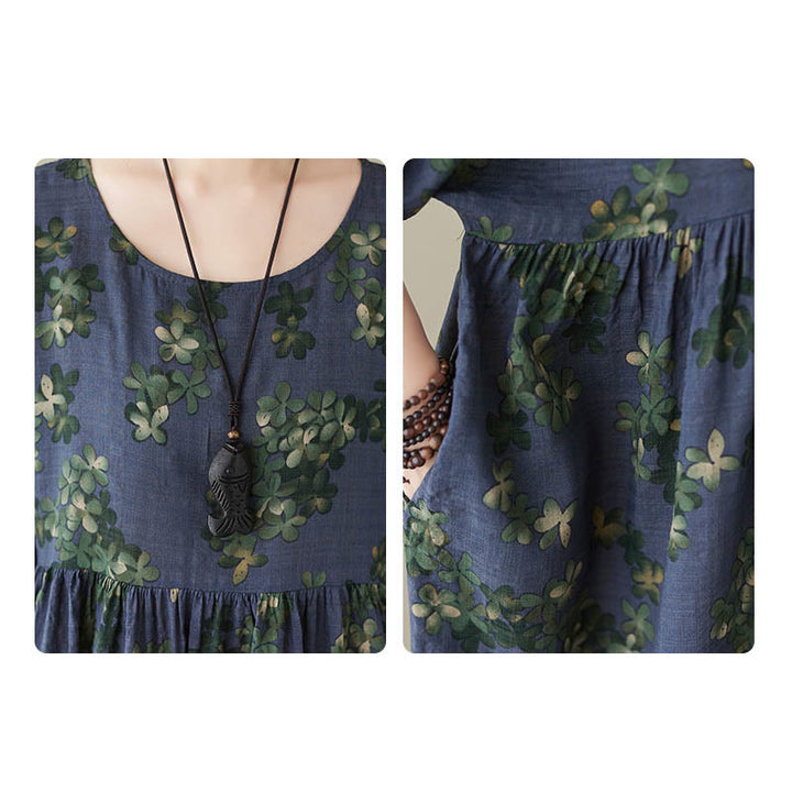 Buddha Stones Blue Brown Flowers Midi Dress Cotton Half Sleeve Tunic Dress With Pockets - image 6