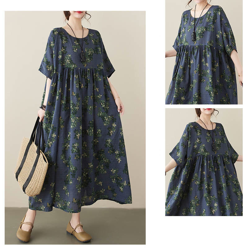 Buddha Stones Blue Brown Flowers Midi Dress Cotton Half Sleeve Tunic Dress With Pockets - image 5