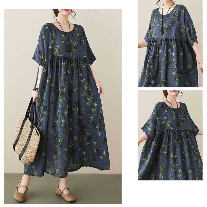 Buddha Stones Blue Brown Flowers Midi Dress Cotton Half Sleeve Tunic Dress With Pockets - image 5