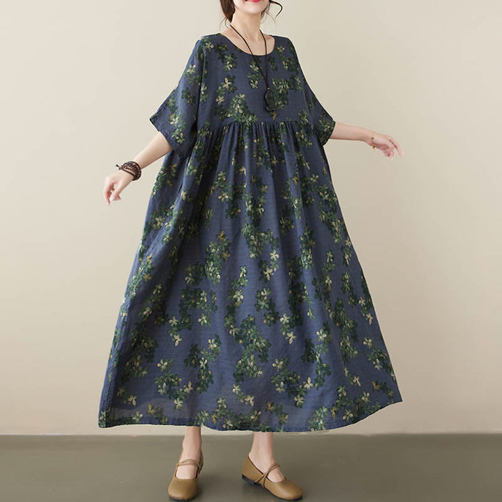 Buddha Stones Blue Brown Flowers Midi Dress Cotton Half Sleeve Tunic Dress With Pockets - image 2