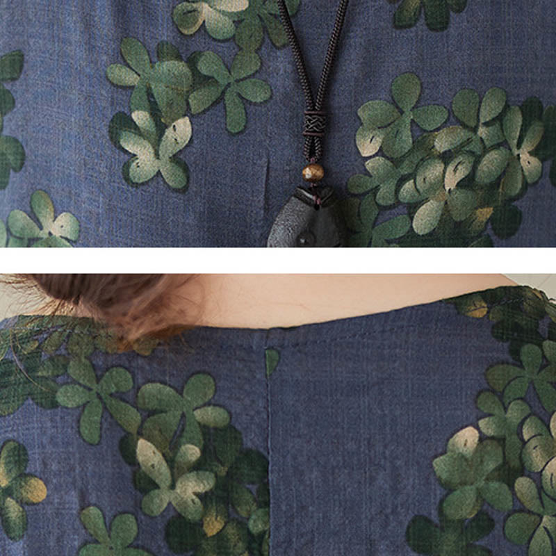 Buddha Stones Blue Brown Flowers Midi Dress Cotton Half Sleeve Tunic Dress With Pockets - image 7