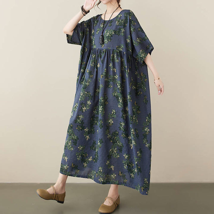 Buddha Stones Blue Brown Flowers Midi Dress Cotton Half Sleeve Tunic Dress With Pockets - image 3