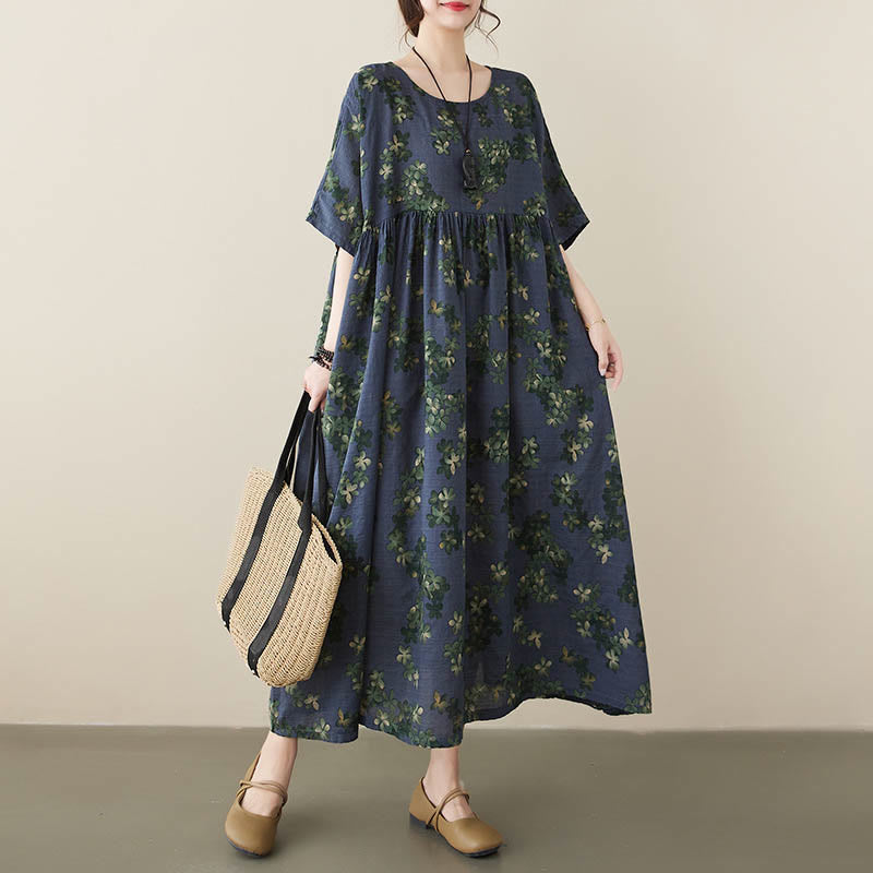 Buddha Stones Blue Brown Flowers Midi Dress Cotton Half Sleeve Tunic Dress With Pockets - image 4