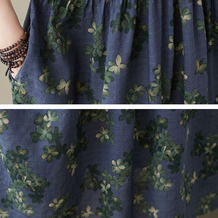 Buddha Stones Blue Brown Flowers Midi Dress Cotton Half Sleeve Tunic Dress With Pockets - image 9