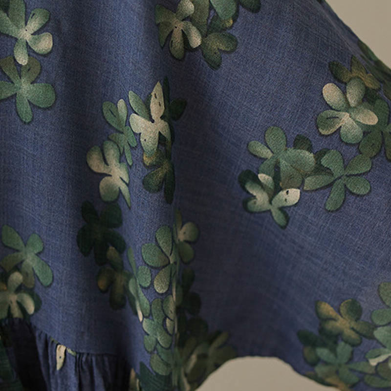 Buddha Stones Blue Brown Flowers Midi Dress Cotton Half Sleeve Tunic Dress With Pockets - image 8