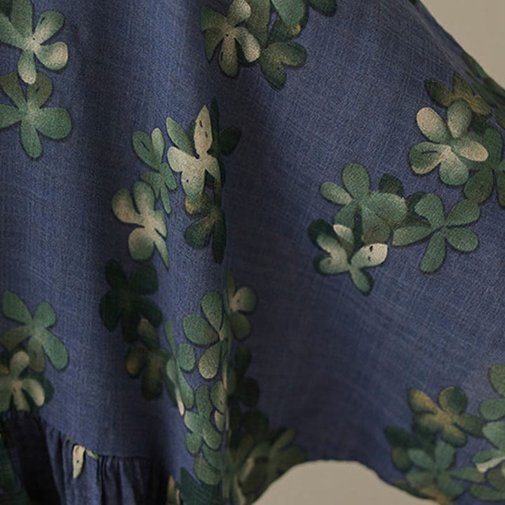 Buddha Stones Blue Brown Flowers Midi Dress Cotton Half Sleeve Tunic Dress With Pockets - image 8