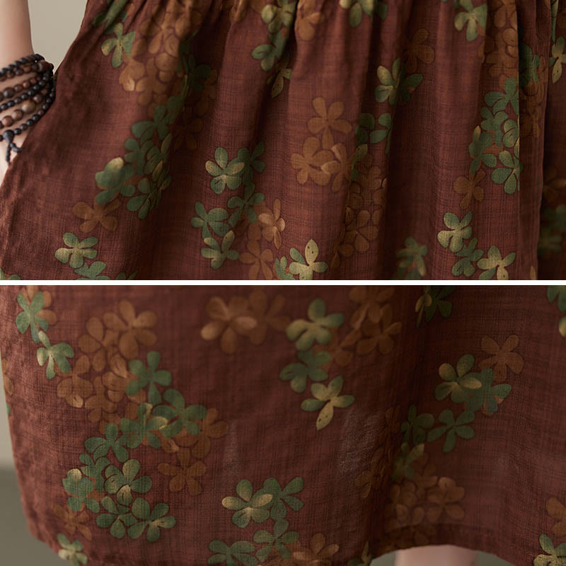 Buddha Stones Blue Brown Flowers Midi Dress Cotton Half Sleeve Tunic Dress With Pockets - image 17