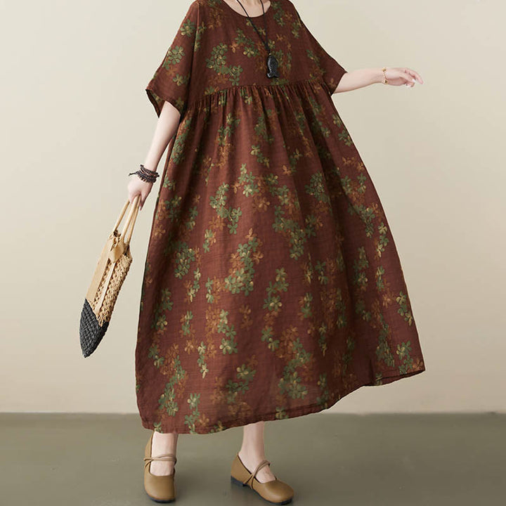 Buddha Stones Blue Brown Flowers Midi Dress Cotton Half Sleeve Tunic Dress With Pockets - image 14