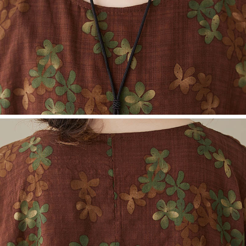 Buddha Stones Blue Brown Flowers Midi Dress Cotton Half Sleeve Tunic Dress With Pockets - image 16