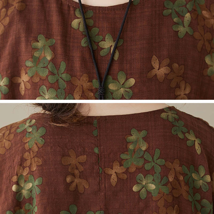 Buddha Stones Blue Brown Flowers Midi Dress Cotton Half Sleeve Tunic Dress With Pockets - image 16