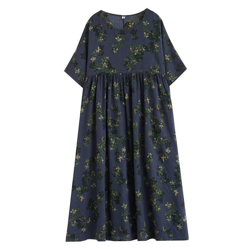 Buddha Stones Blue Brown Flowers Midi Dress Cotton Half Sleeve Tunic Dress With Pockets - image 10