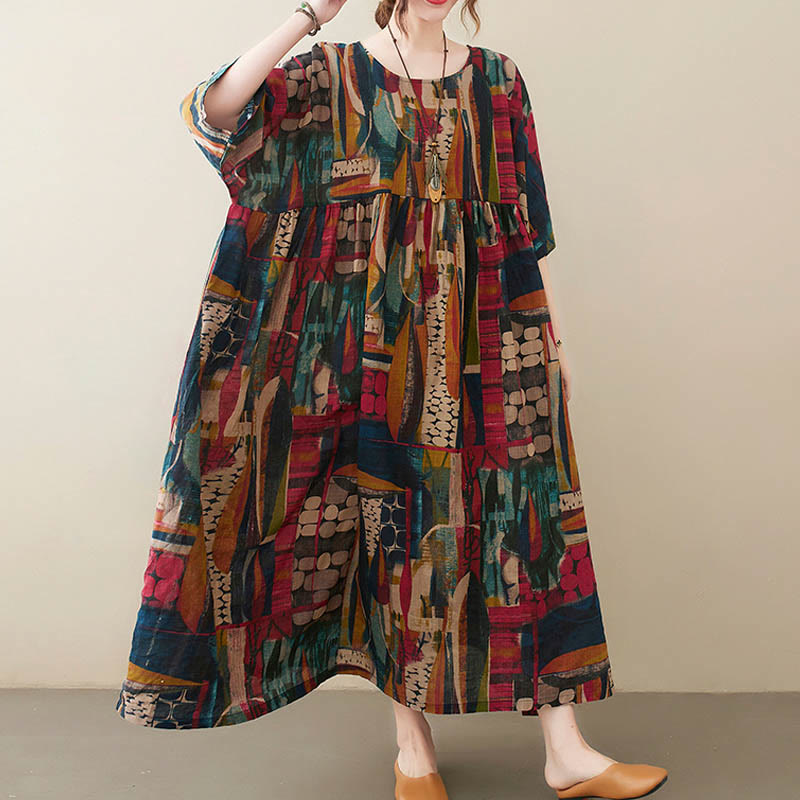 Buddha Stones Colorful Graphics Midi Dress Cotton Half Sleeve Tunic Dress With Pockets - image 8