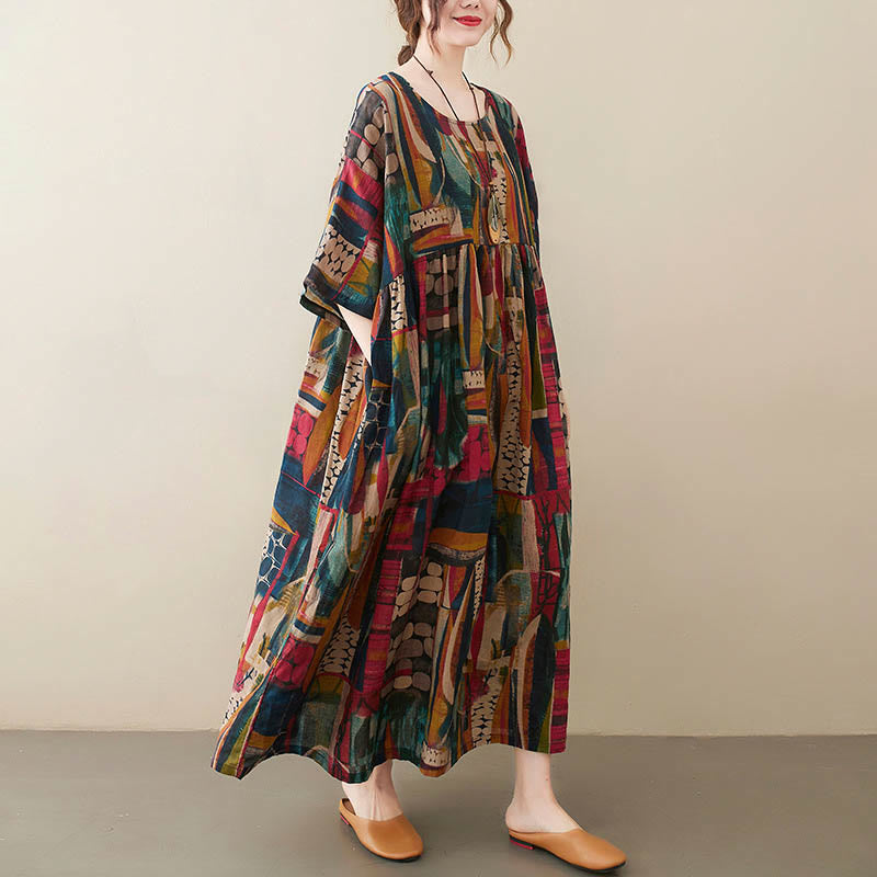 Buddha Stones Colorful Graphics Midi Dress Cotton Half Sleeve Tunic Dress With Pockets - Color(Dress Only)(Bust 142cm/Hem 130cm/Length 120cm) - image 0