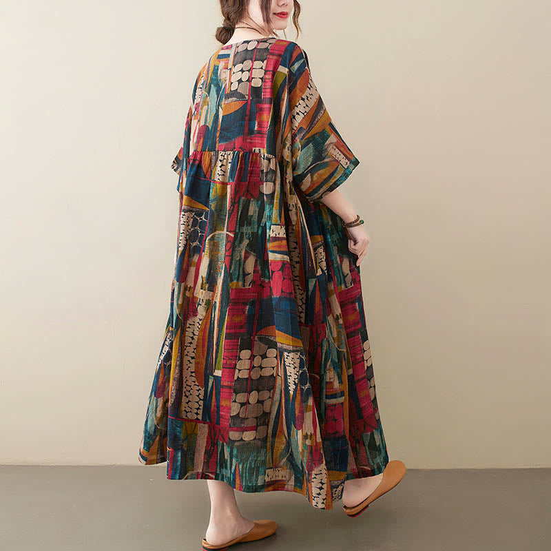 Buddha Stones Colorful Graphics Midi Dress Cotton Half Sleeve Tunic Dress With Pockets - image 5