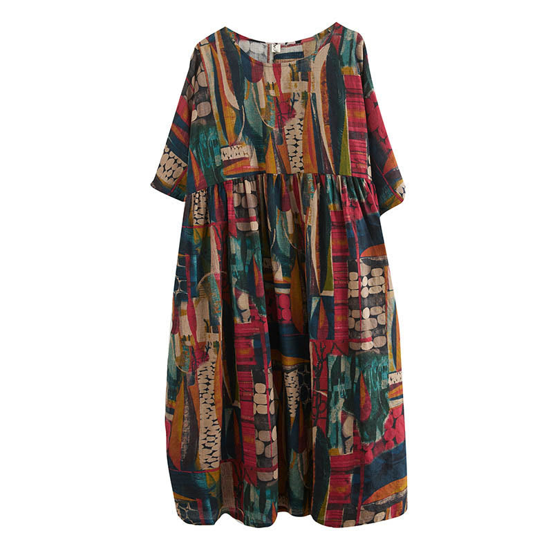 Buddha Stones Colorful Graphics Midi Dress Cotton Half Sleeve Tunic Dress With Pockets - image 13