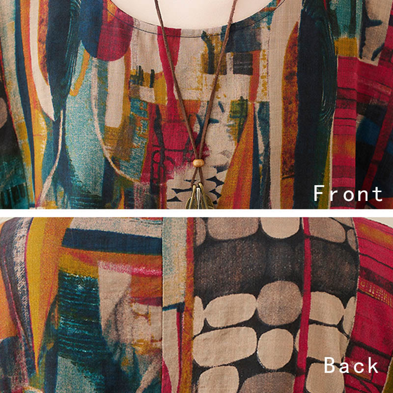 Buddha Stones Colorful Graphics Midi Dress Cotton Half Sleeve Tunic Dress With Pockets - image 9