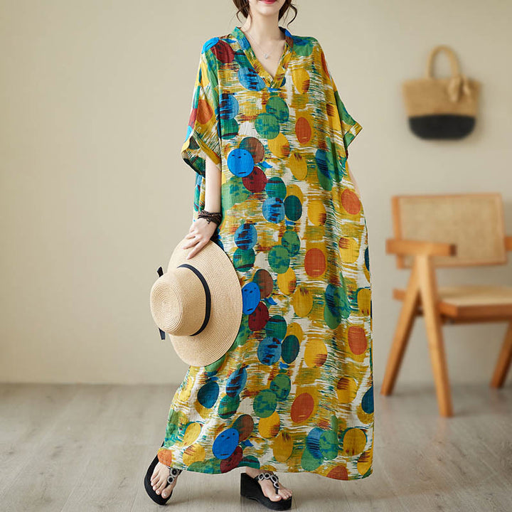 Buddha Stones Orange Blue Colorful Polka Dots Midi Dress Cotton Half Sleeve Dress With Pockets - image 5