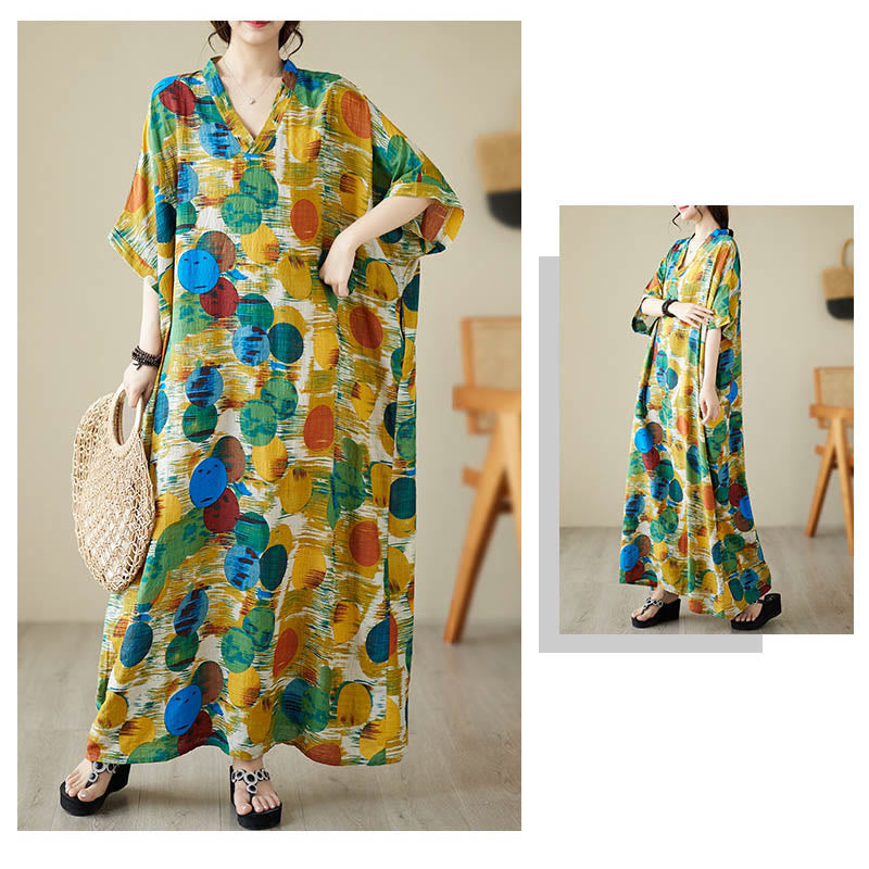 Buddha Stones Orange Blue Colorful Polka Dots Midi Dress Cotton Half Sleeve Dress With Pockets - image 7