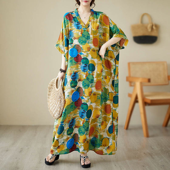 Buddha Stones Orange Blue Colorful Polka Dots Midi Dress Cotton Half Sleeve Dress With Pockets - Blue(Dress Only) - F(Bust 158cm/Hem 158cm/Length 133cm) - image 0