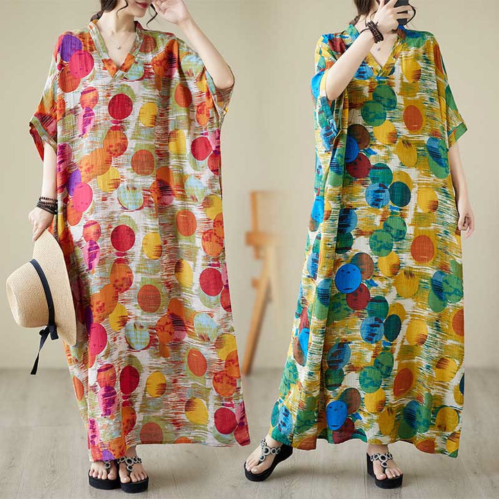 Buddha Stones Orange Blue Colorful Polka Dots Midi Dress Cotton Half Sleeve Dress With Pockets - image 8