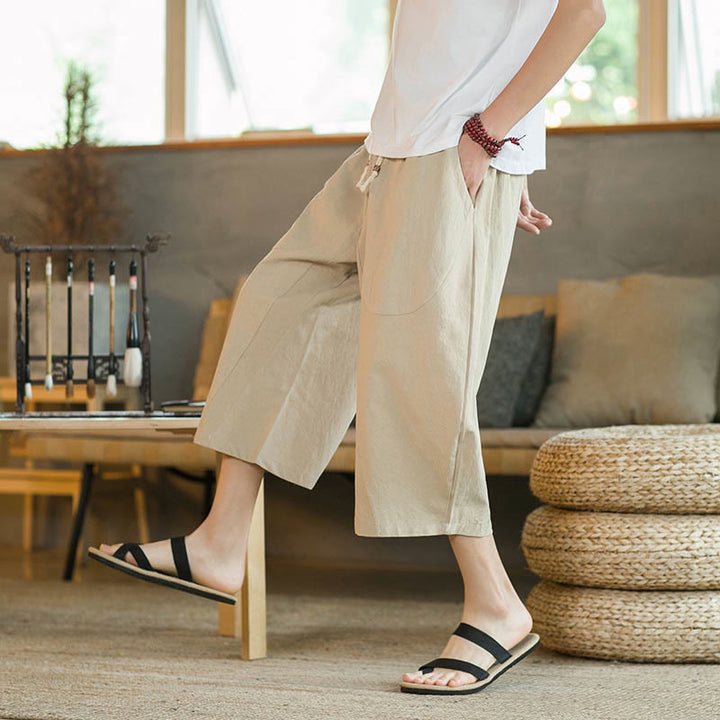 Buddha Stones Solid Color Mid-Length Wide Leg Pants Cotton Men's Wide Leg Pants With Pockets - image 14