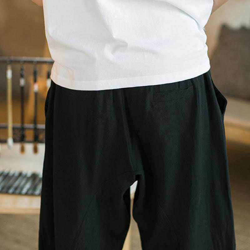 Buddha Stones Solid Color Mid-Length Wide Leg Pants Cotton Men's Wide Leg Pants With Pockets