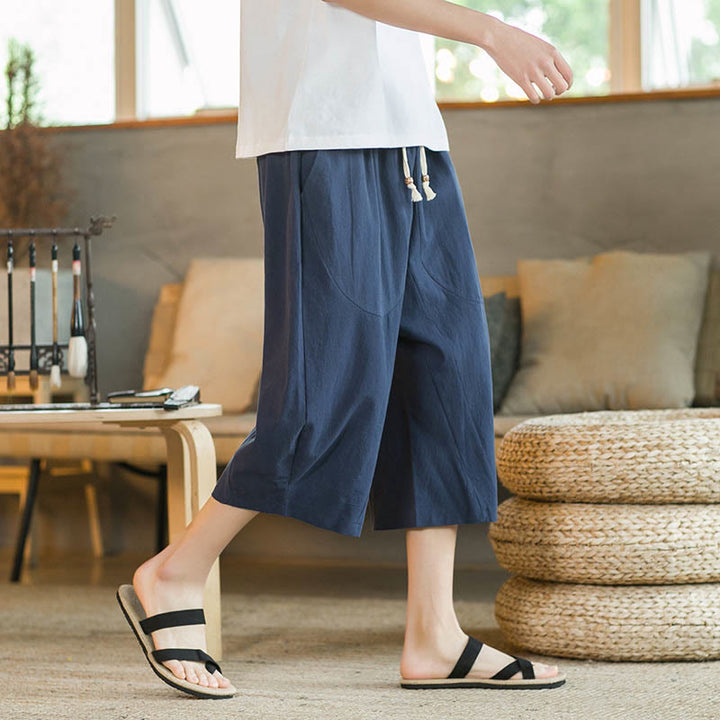 Buddha Stones Solid Color Mid-Length Wide Leg Pants Cotton Men's Wide Leg Pants With Pockets - Navy Blue - US/UK/AU46，EU56 (5XL)  - image 21