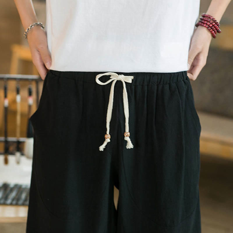 Buddha Stones Solid Color Mid-Length Wide Leg Pants Cotton Men's Wide Leg Pants With Pockets