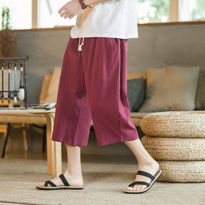 Buddha Stones Solid Color Mid-Length Wide Leg Pants Cotton Men's Wide Leg Pants With Pockets - image 32