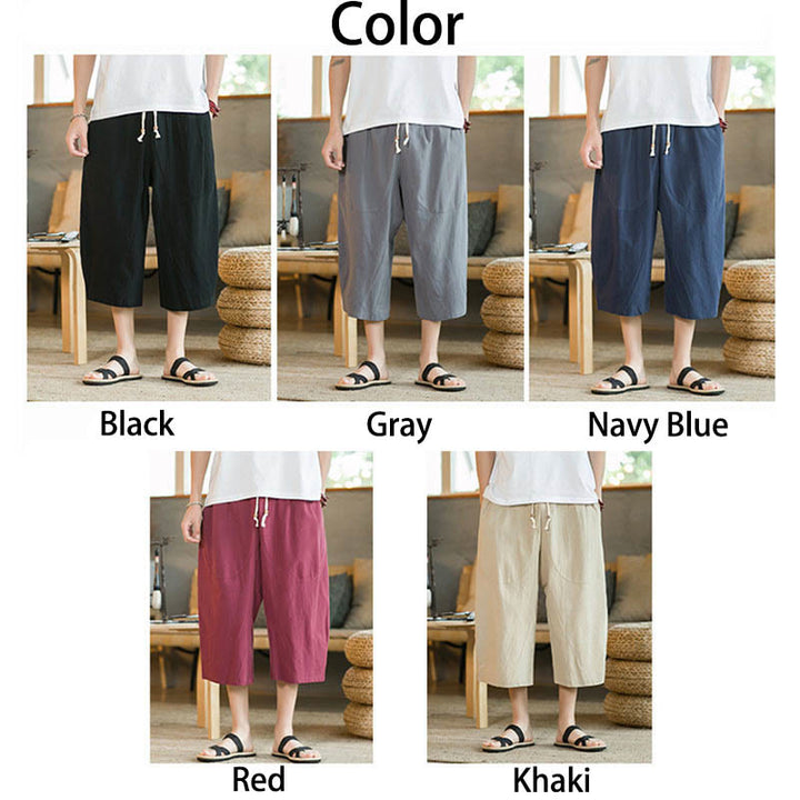 Buddha Stones Solid Color Mid-Length Wide Leg Pants Cotton Men's Wide Leg Pants With Pockets