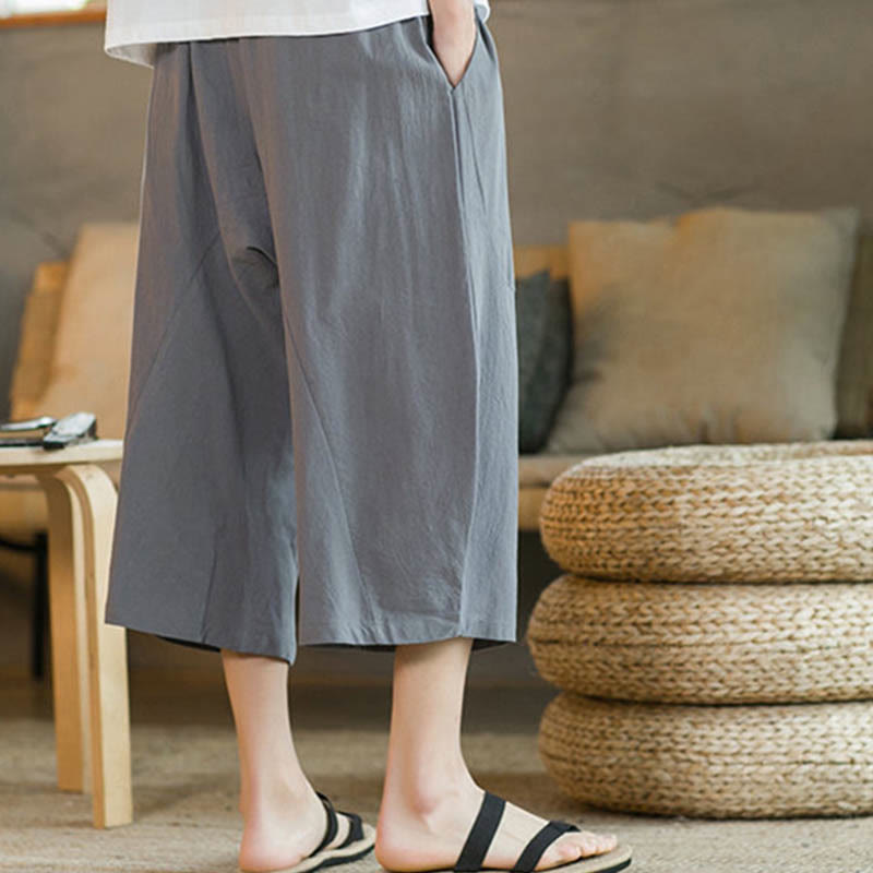 Buddha Stones Solid Color Mid-Length Wide Leg Pants Cotton Men's Wide Leg Pants With Pockets - image 42