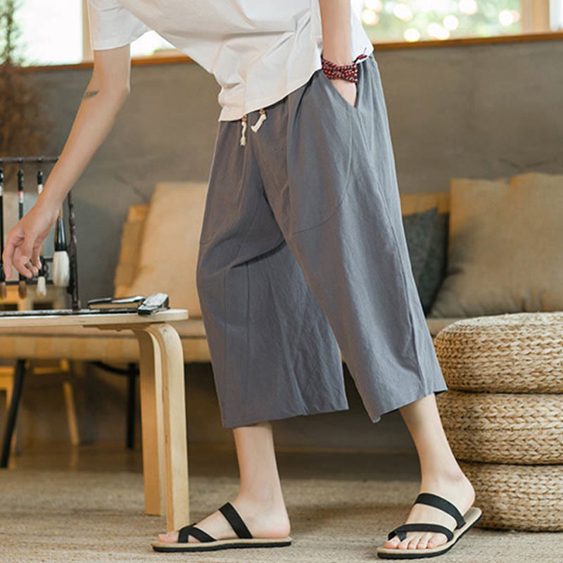 Buddha Stones Solid Color Mid-Length Wide Leg Pants Cotton Men's Wide Leg Pants With Pockets - image 43