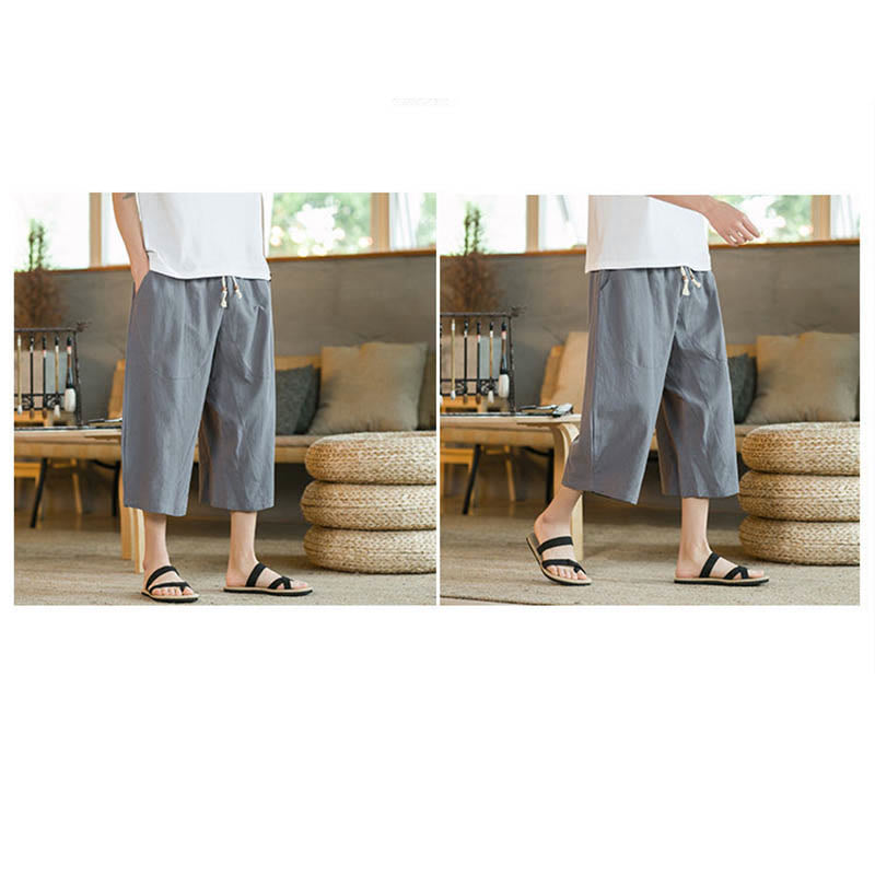 Buddha Stones Solid Color Mid-Length Wide Leg Pants Cotton Men's Wide Leg Pants With Pockets